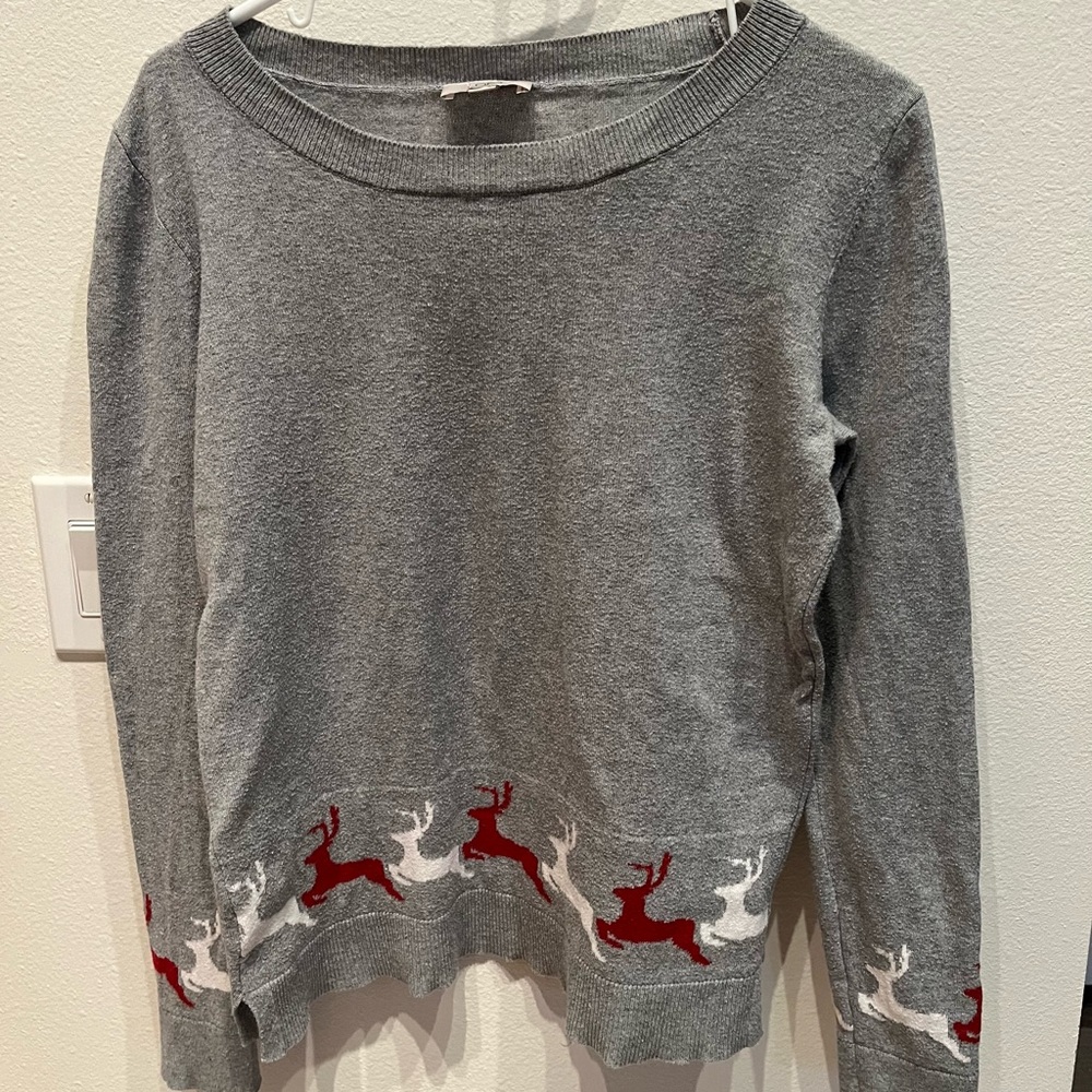 LOFT Gray Sweater with Red and White Reindeer